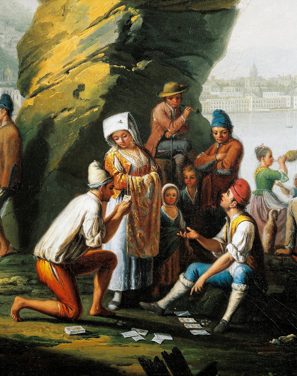 A mindennapi élet jelenete a Posillipo-barlangban, kártyázó férfiak, Pietro Fabris (aktív 1768-1778), olaj, vászon, részlet alkotó: Pietro Fabris