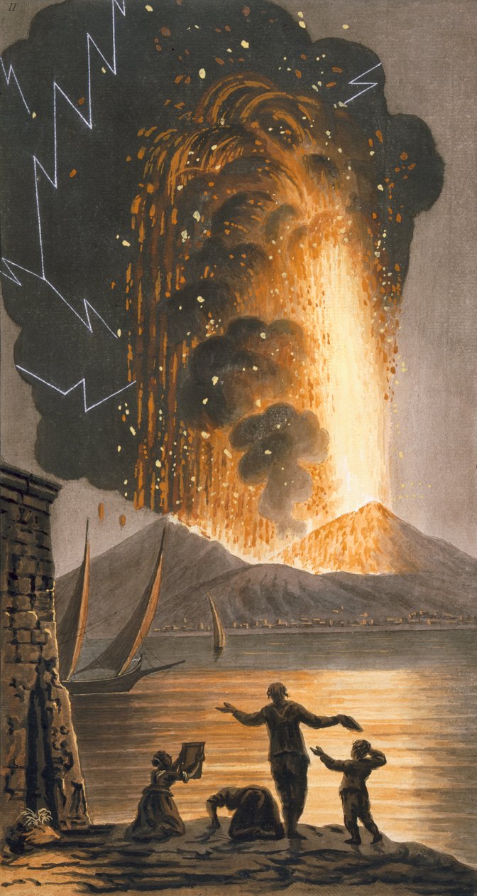 Kilátás a Vezúv nagy kitörésére 1779. augusztus 8-án, vasárnap este a Szicíliai Őfelsége Posillipo-i palotájából, II. tábla, 1779-ben megjelent (kézzel színezett metszet) alkotó: Pietro Fabris