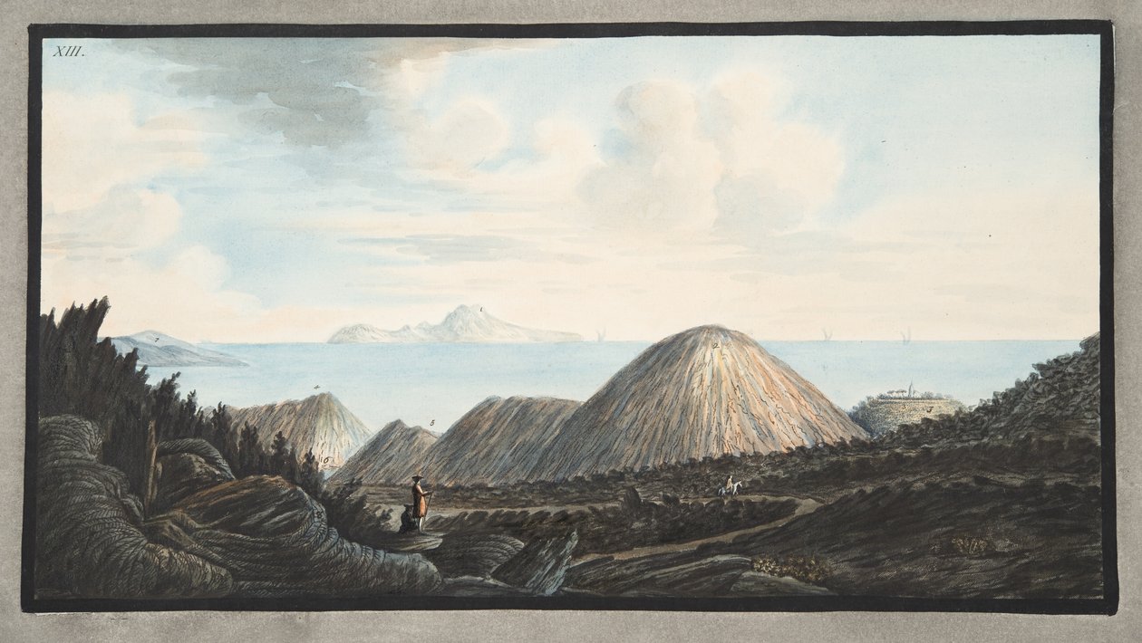 Az 1760-as robbanás által emelt kis hegy jelenlegi állapotának képe, XIII. tábla, a „Campi Flegrei: Észrevételek a két Szicília vulkánjairól” című művéből, Sir William Hamilton alkotó: Pietro Fabris