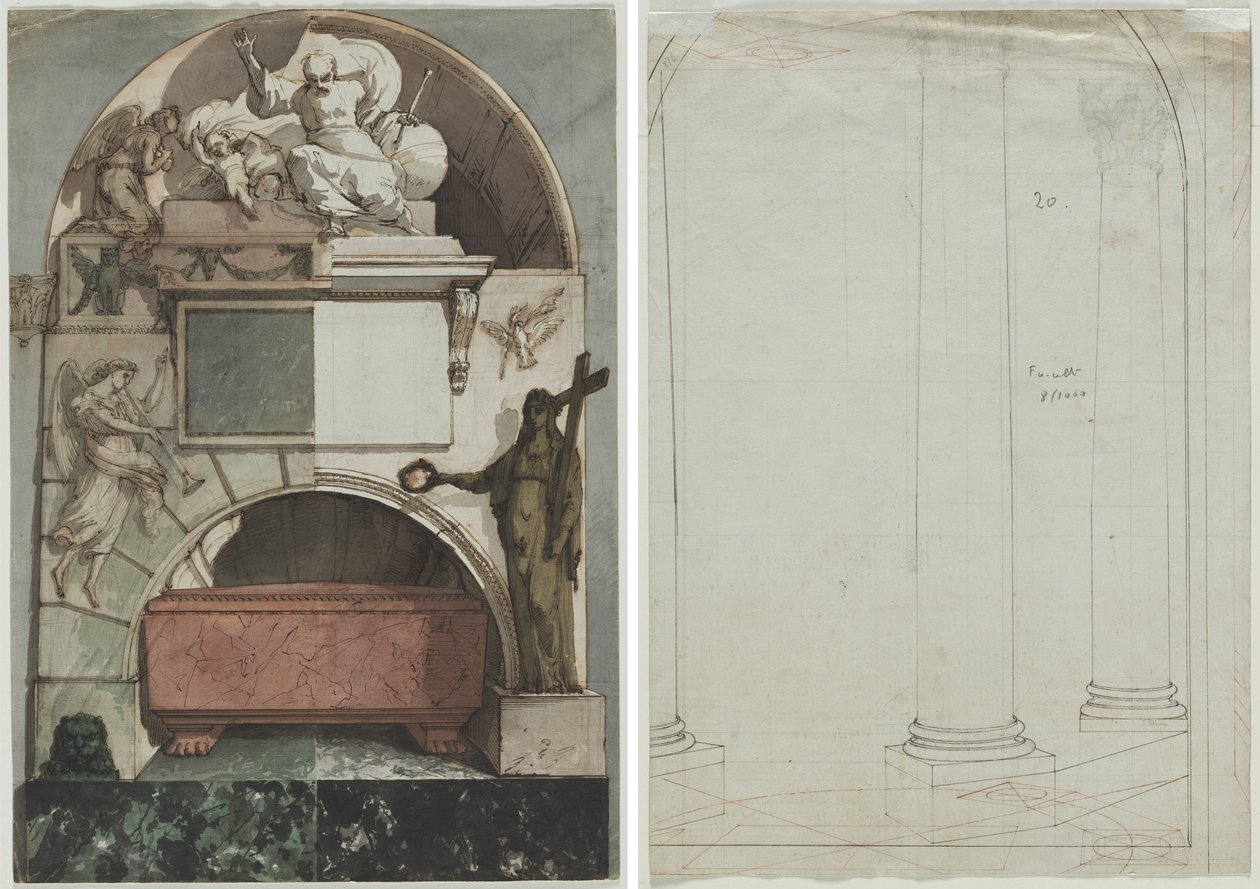 Tervezés egy művészsír freskójához a bolognai Certosában (recto); Oszlopok építészeti rajza (verso) alkotó: Pietro Fancelli