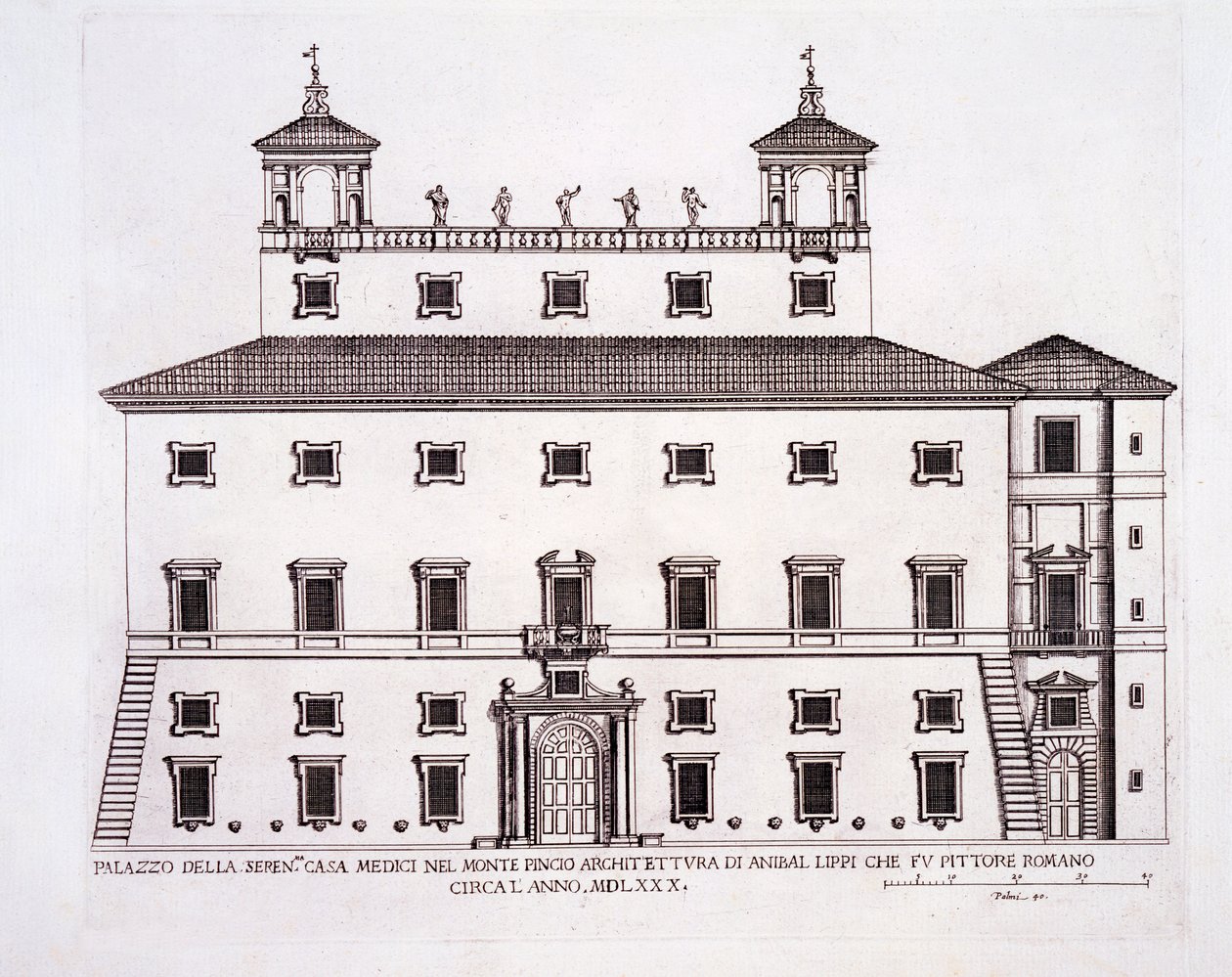 Palazzo Serenissima, Casa Medici, a Pincio dombon, Róma, a "Palazzi di Roma" című, 1655-70-es évek körüli kiadványból. alkotó: Pietro Ferrerio