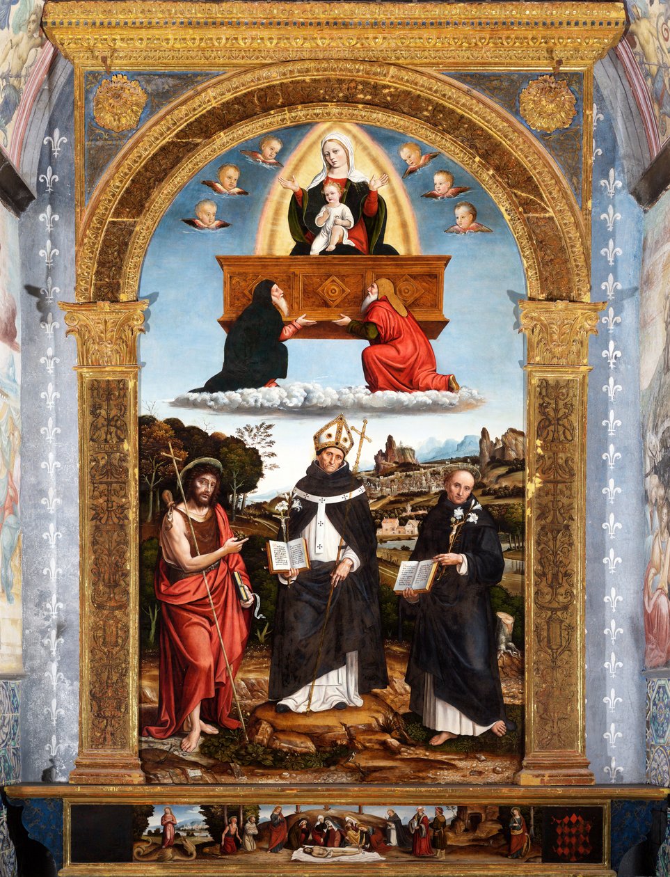 Odigitria Madonna Keresztelő Szent Jánossal, Firenzei Antoninusszal és Nicola da Tolentinóval, aláírva és keltezve alkotó: Pietro Francesco (1485 1528) Sacchi
