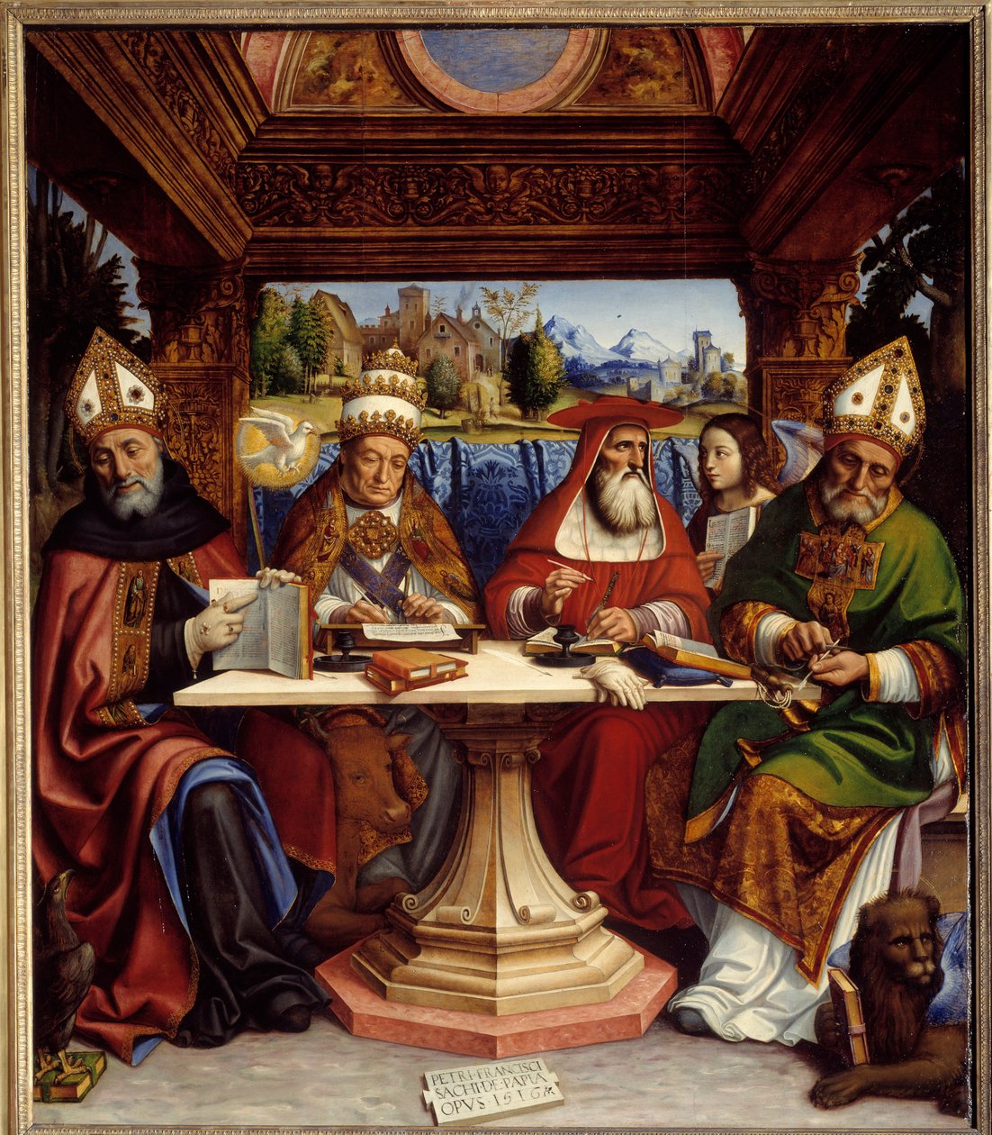 A templom négy doktora a négy evangélista jelképeivel (Szent Ágoston sassal, Nagy Szent Gergely ökörrel, Szent Jeromos angyallal és Szent Ambrus szárnyoroszlánnal). Pier Francesco Sacchi dit il Pavese festménye (14 alkotó: Pietro Francesco  Sacchi