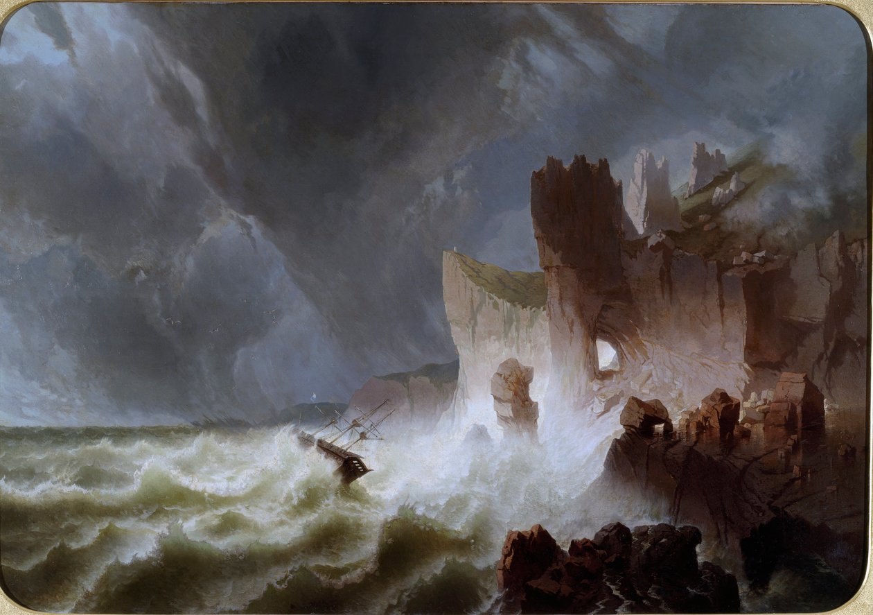 Lido solitario Tengeri táj, a viharban elkapott hajóval a sziklákra zuhant. Pietro Giuria festménye (XIX. század) Dim. 140x200 cm Genes Nervi, Galleria d