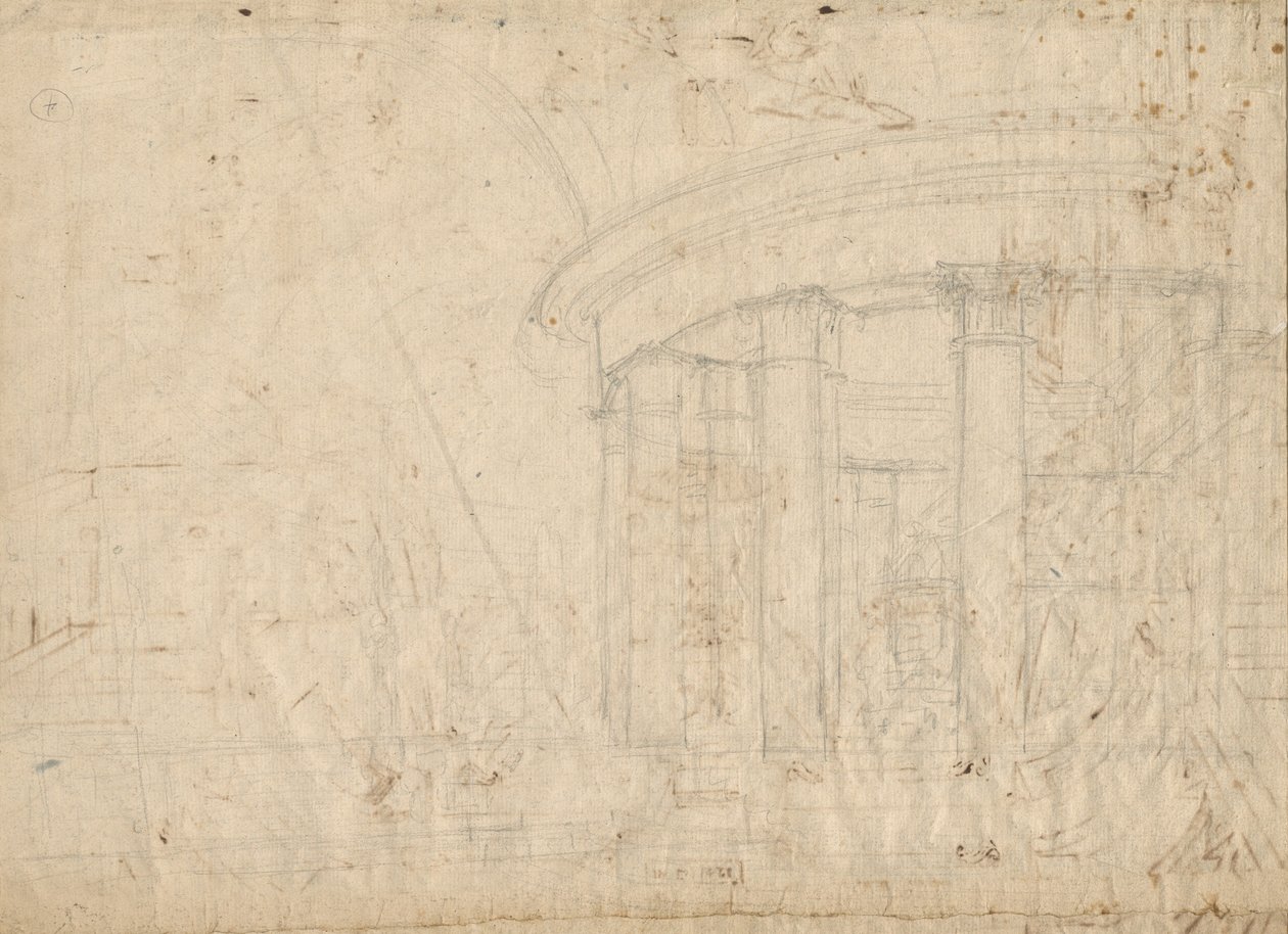 Építészeti fantázia egy ambulánssal körülvett kerek templomon (fordítva) alkotó: Pietro Gonzaga