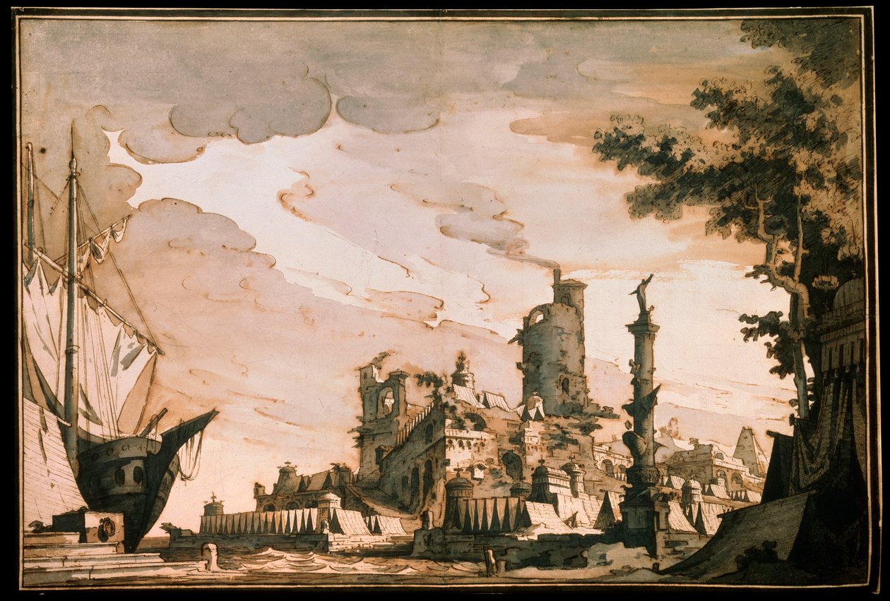 Tengeri kikötő, Színpadterv egy színházi darabhoz, 1818. alkotó: Pietro Gonzaga