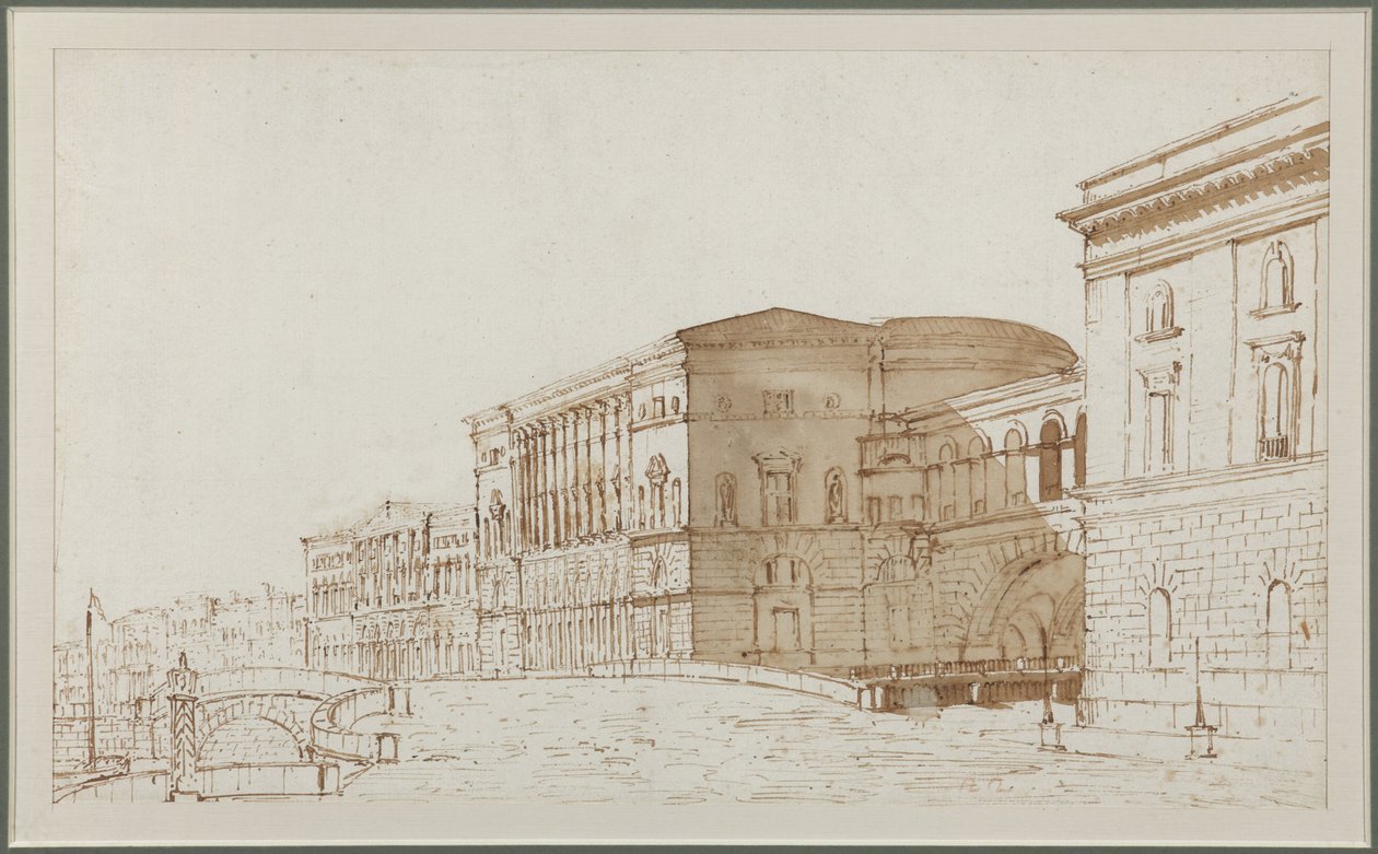 A szentpétervári Ermitázs Színház - Pietro di Gottardo Gonzaga (1751-1831). Toll, ecset, barna színű papíron alkotó: Pietro Gonzaga