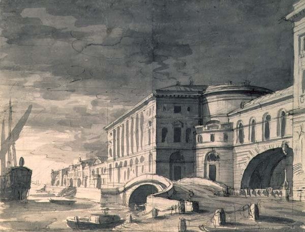 Kilátás a Néva-partra, középen az Ermitázs Színházzal, 1802 után (toll, ecset, tinta és ceruza) alkotó: Pietro Gonzaga