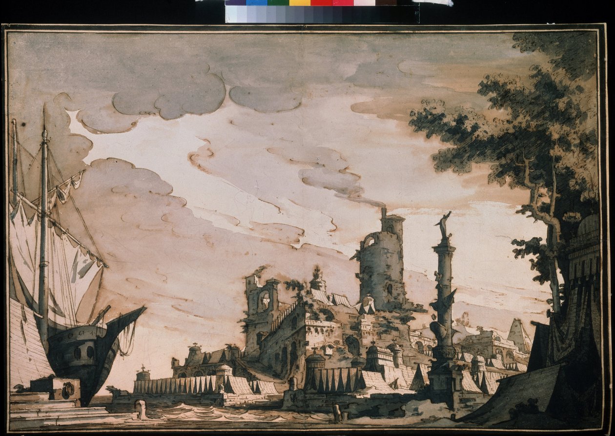 ""Kikötő kilátása"" Színházi dekoráció. Pietro di Gottardo Gonzaga (1751-1831) akvarellje 1818. Akvarell és tus papíron. Moszkva, Puskin Múzeum alkotó: Pietro Gonzaga