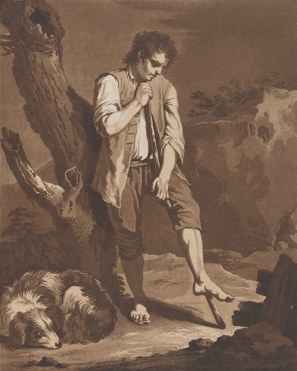 Pihennek a Pásztorok, egy boton pihenő fiatalember, miközben a kutyája a lábánál fekszik..., kb. 1757-1804. alkotó: Pietro Jacopo Palmieri