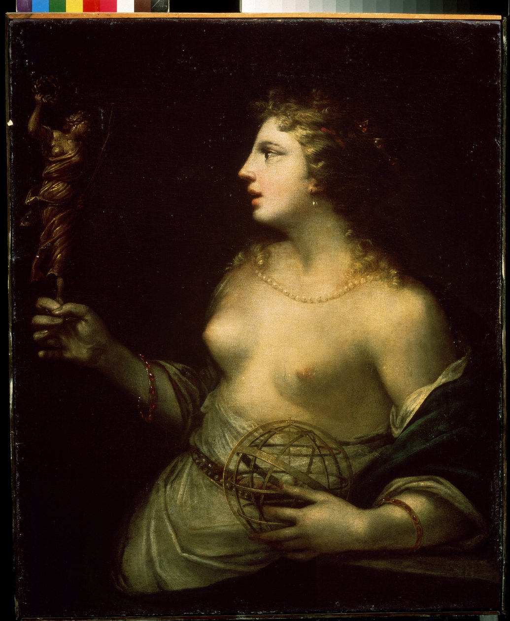 ""Uránia"" (Uránia) a csillagászat és asztrológia védelmező Múzsájának ábrázolása, kezet egy gömbön tartva. Pietro Liberi (1614-1687) festménye 17. századi Mihail Krosickij Művészeti Múzeum, Szevasztopol (Szevasztopol) Ukrajna alkotó: Pietro Liberi