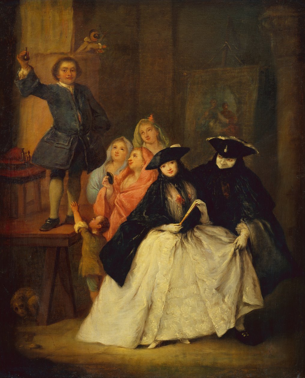 Egy sarlatán egy emelvényen, álarcos alakokkal az előtérben (olaj, vászon) alkotó: Pietro Longhi