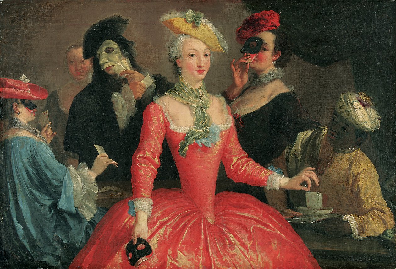 Elegáns társaság álarcos jelmezben kávézni és kártyázni alkotó: Pietro Longhi