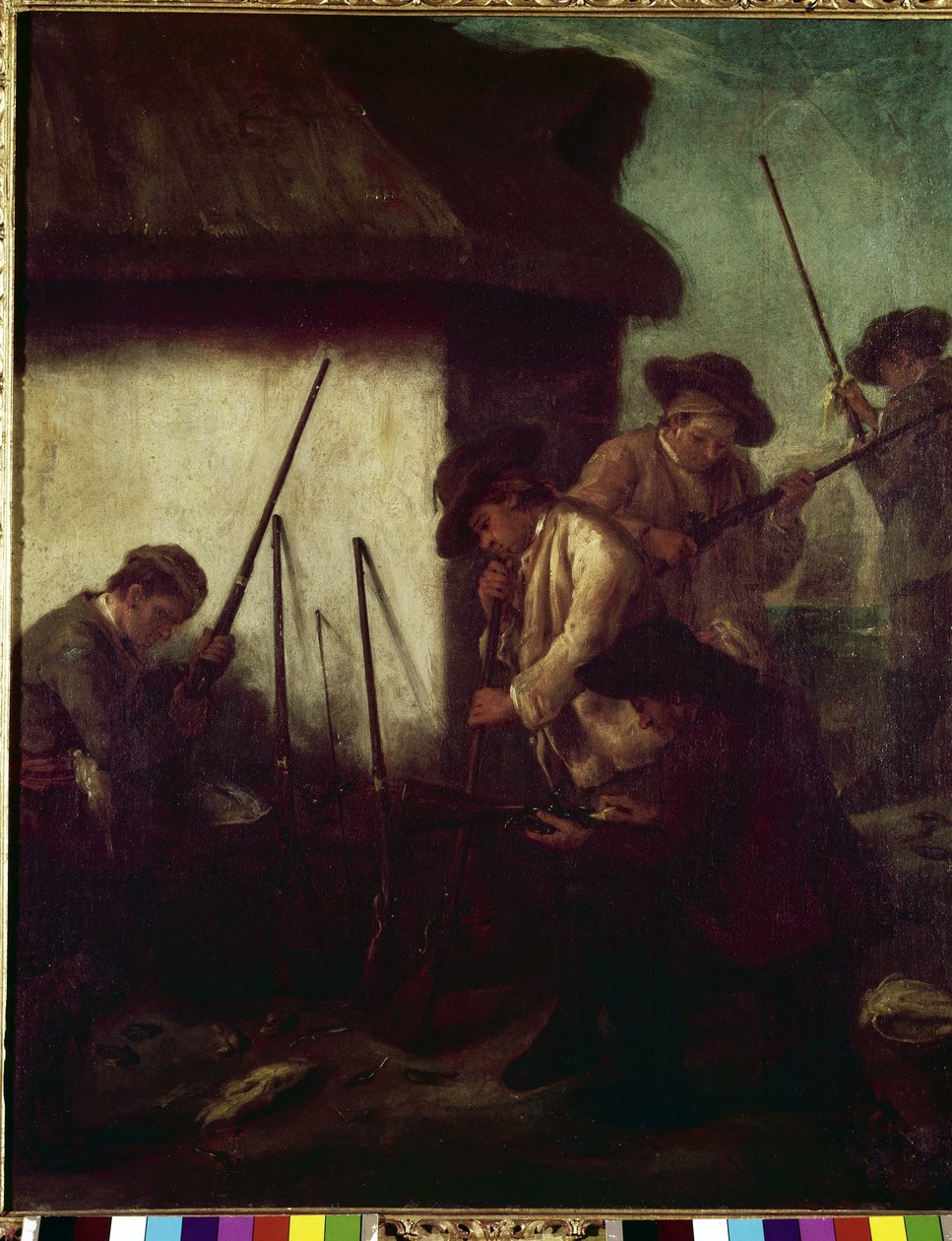 Vadászat a völgyben: fegyverkészítés - Pietro Longhi (1702-1785) festménye, olaj, vászon, 61x50 cm alkotó: Pietro Longhi