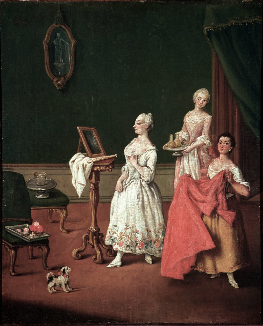La toilette (Öltözködés) Velencei arisztokrata, aki a tükör előtt elfogja két szolgálót - Pietro Longhi (1701-1785) festménye 1760 Méret: 61x50 cm Velence, Ca 