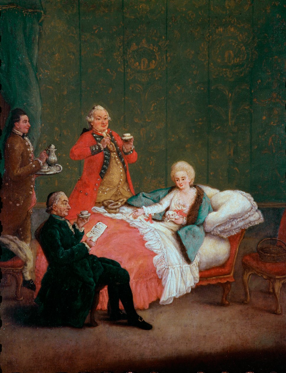Reggeli csokoládé fiatal nő a nemesség ágyában fekszik, három férfi szolgálja ki. Pietro Longhi (1702-1785) festménye 1775-1780. Homályos. 60x47 cm Ca 