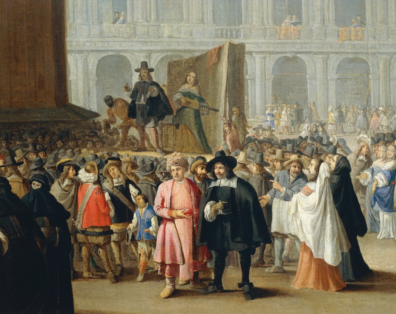 Komikusok ábrázolása a karnevál idején a velencei Szent Márk téren, a Pietro Longhi iskolából, részlet alkotó: Pietro Longhi