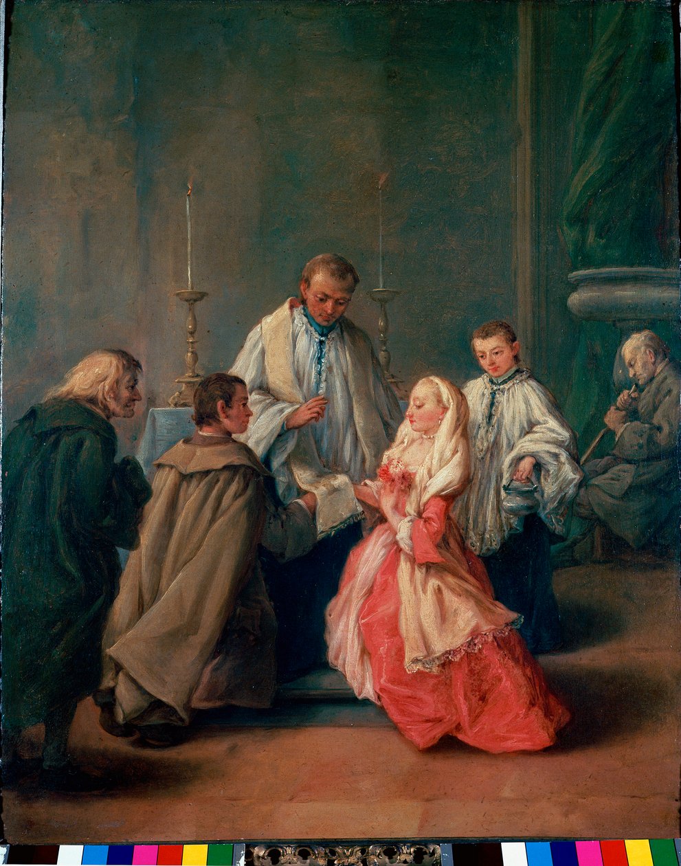 A szentségek: "" esküvői szertartás "" Pietro Longhi (Pietro Falca) festménye (1702-1785) 1755 kb. V. 62x50 cm Velence, Querini-Stampalia Képtár alkotó: Pietro Longhi