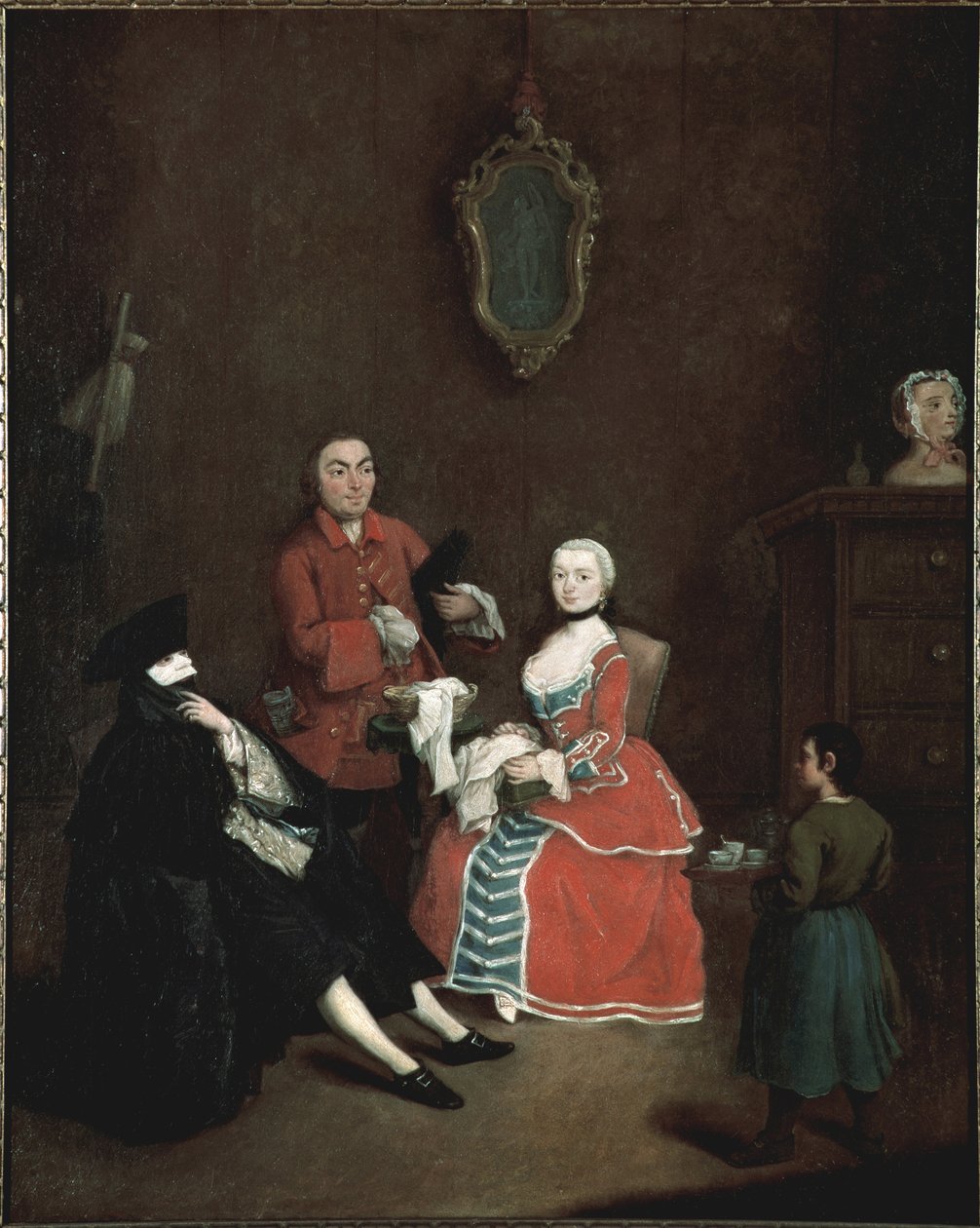 A maszk látogatás Bauta (bautta) karakter vetu a velencei viselet áll a fekete köpeny, a fekete trikornis kalap és a fehér maszk - (Látogatás Bauta maszk) Festmény Pietro Longhi (1702-1785) 1760 kb. Dim 62x50 cm Velence, Ca 