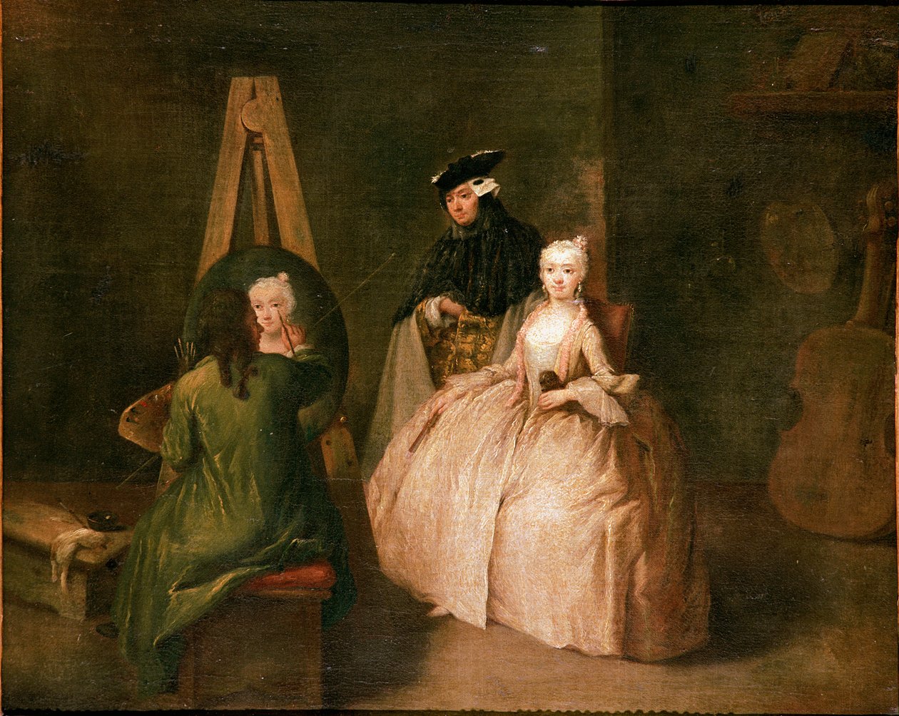A festő műterme A festő a festőállványa előtt egy fiatal nőt ábrázol. Pietro Longhi (1702-1785) festménye 1740-1745 V. 44x53 cm Velence, Ca 