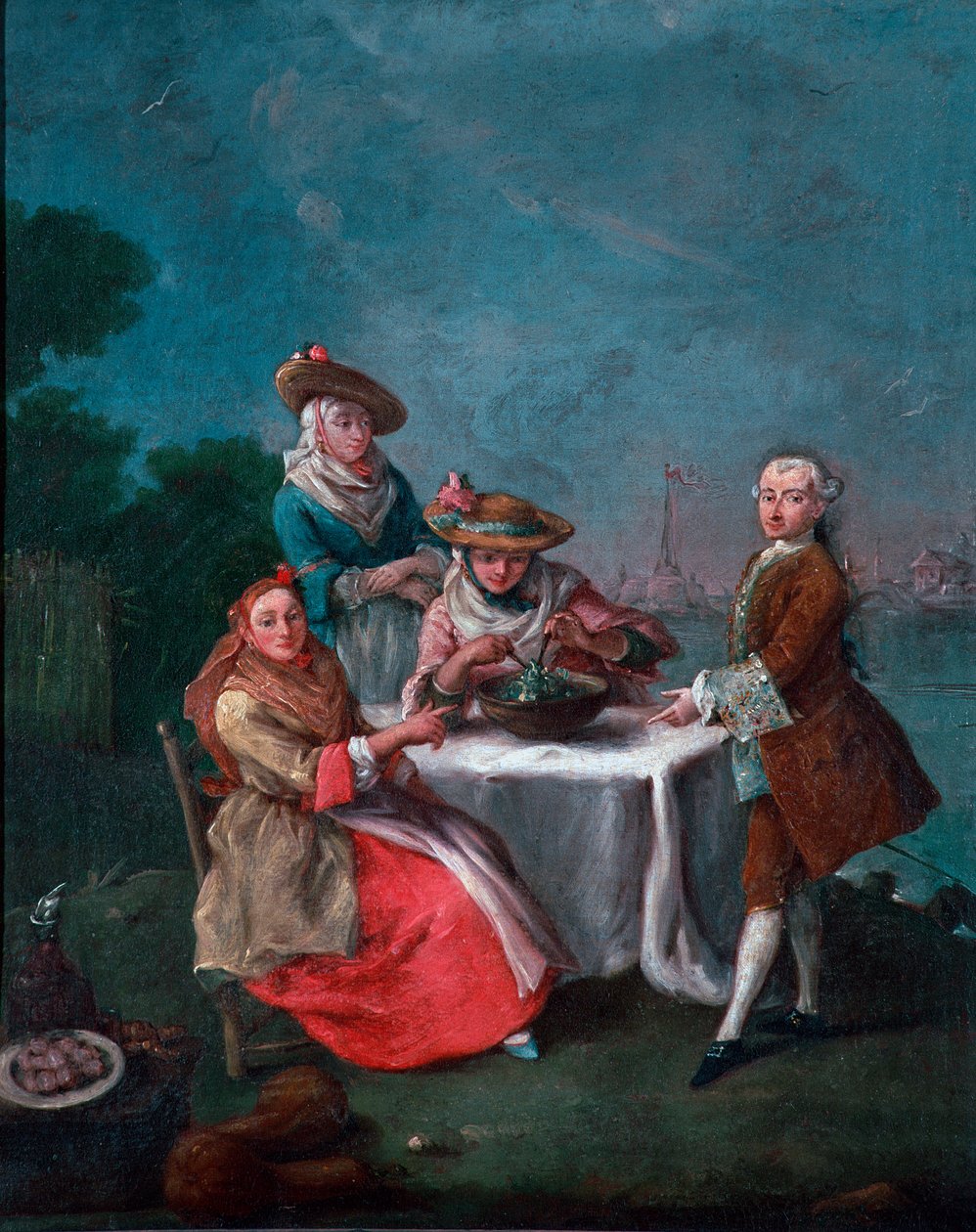 Kóstolni a velencei torkolat kertjében Cartosában vagy a Vignole-ban Két nő utazóruhában, egyikük fűszerezte a salátát. Pietro Longhi (1702-1785) festménye 1759 kb. Nap. 62x50 cm-es véna, Ca 