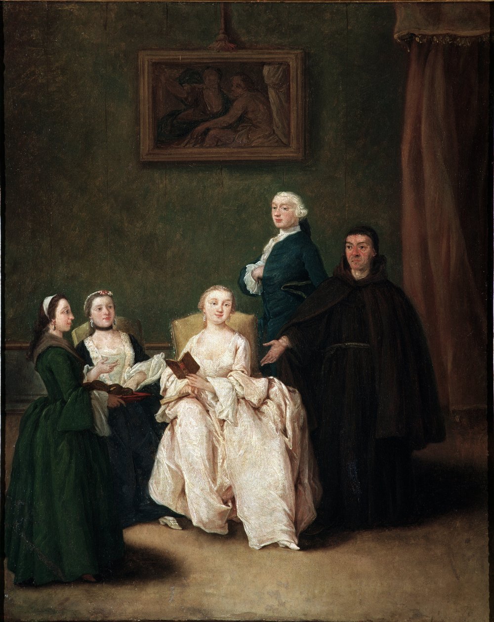 A szerzetes látogatása az arisztokrata családnál Pietro Longhi (1702-1785) festménye 1760 körül Méret 62x50 cm Velence, Ca 
