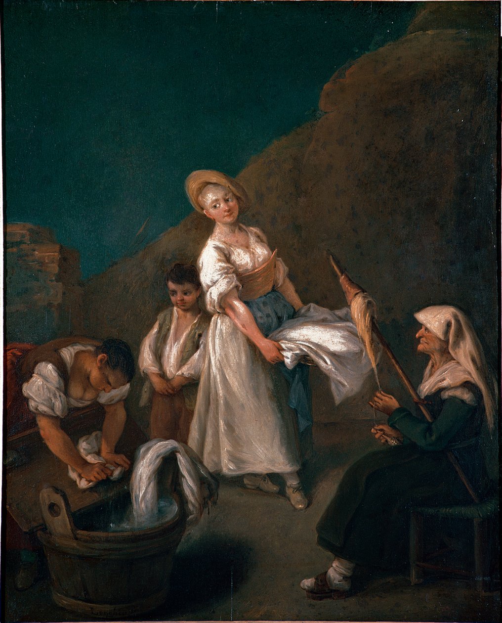 Fiatal nők mossák a szennyest a kukákban, egy idős nő a gyapjú jobb vonalán. Pietro Longhi (1702-1785) festménye 1740 kb. Nap. 61x50 cm Velence, Ca 