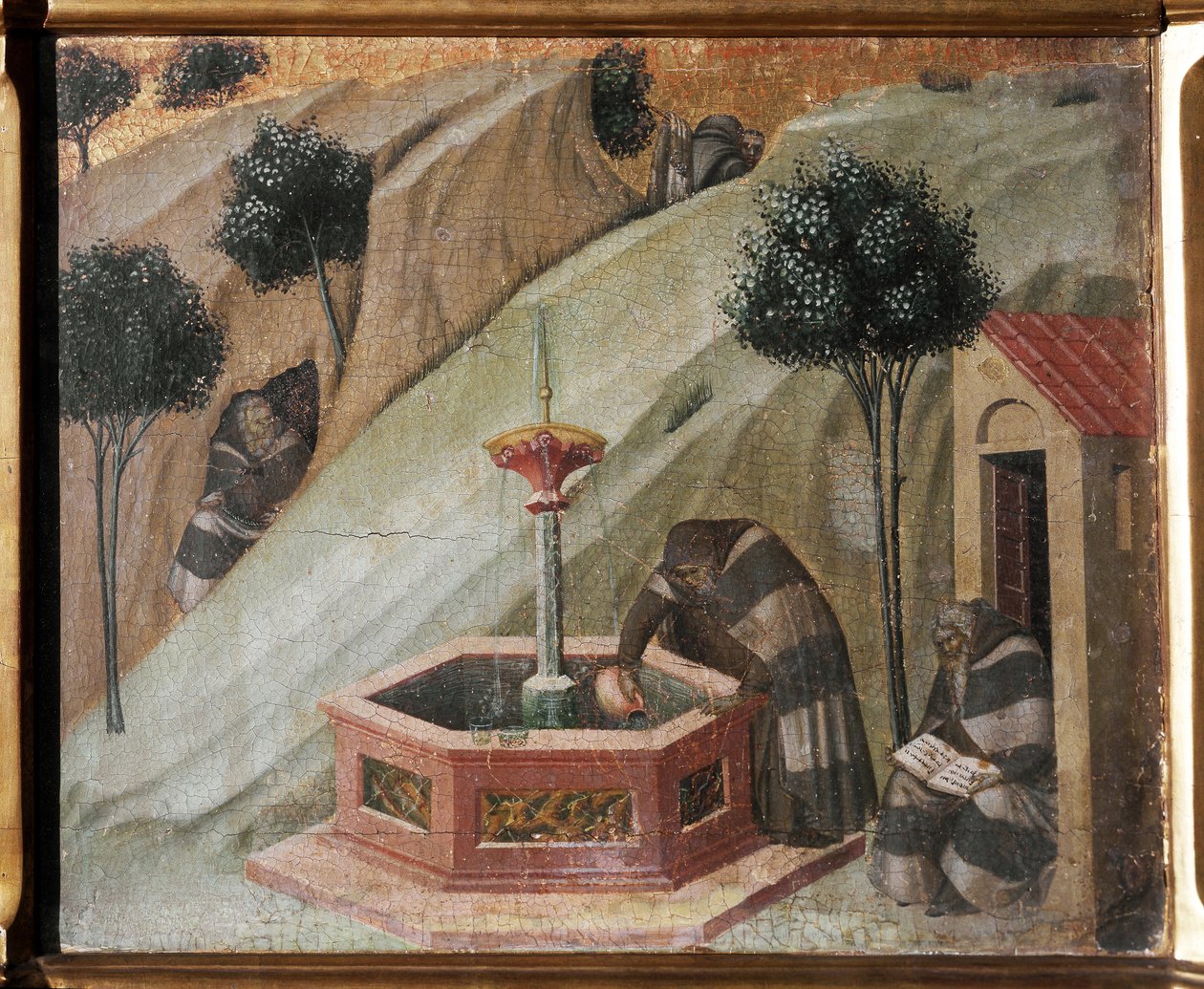 Kármel oltárképének részlete: remete Illés szökőkútjával - Freskó alkotó: Pietro Lorenzetti