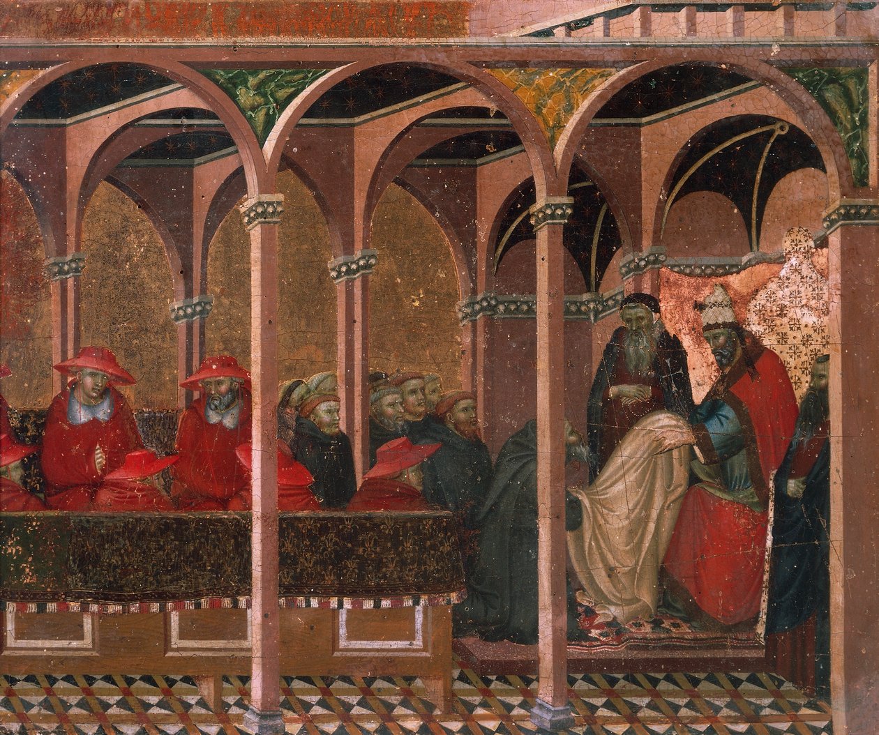 Honorius III jóváhagyja a karmelita szabályt, részlet Pietro Lorenzetti (kb. 1280-1348) Carmine oltárképének predellájából, tempera és arany fatáblán alkotó: Pietro Lorenzetti