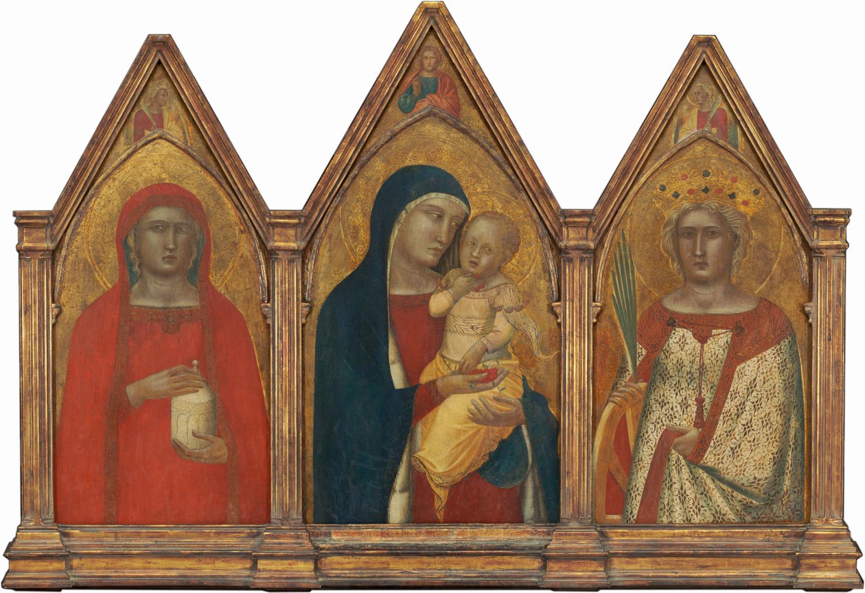 Madonna és gyermeke az áldásos Krisztussal, valamint Szent Mária Magdolna és Alexandriai Katalin angyalokkal [teljes triptichon] alkotó: Pietro Lorenzetti