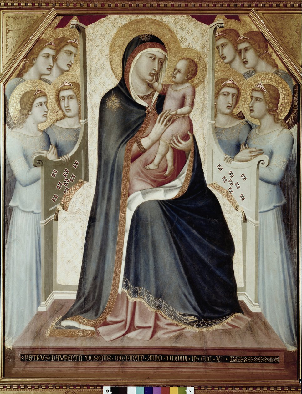 Madonna és a gyermek a trónon angyalokkal (Tempera fán alkotó: Pietro Lorenzetti