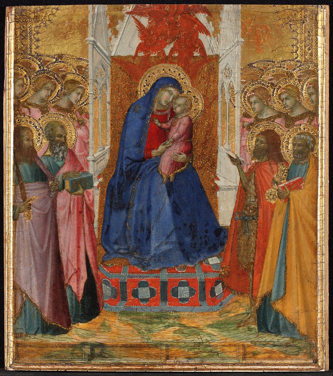Maria auf dem Thron mit dem Kind, anbetende Engel und Heilige Paulus, Johannes der Evangelist, Johannes der Täufer und Petrus alkotó: Pietro Lorenzetti
