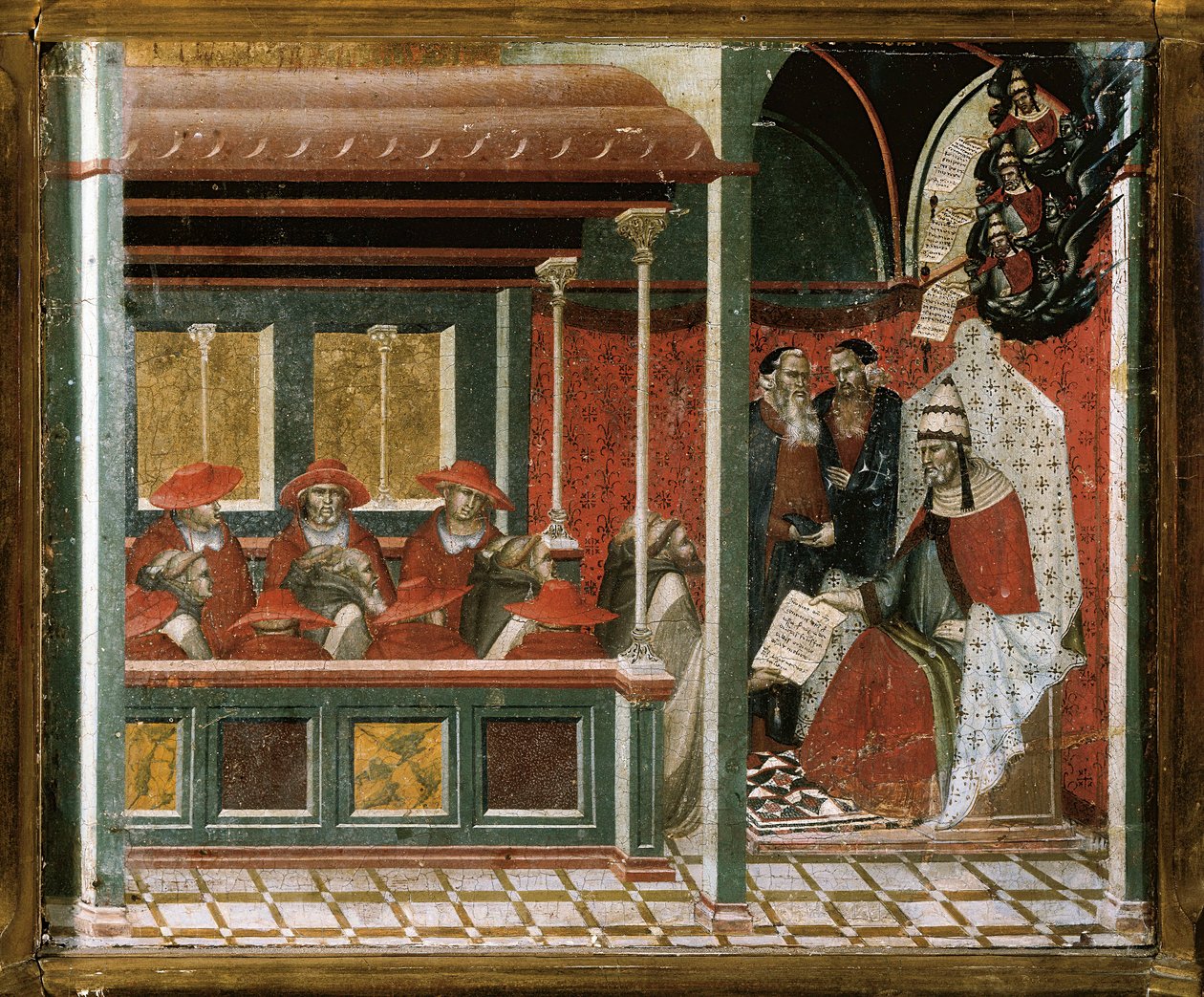 III. Honorius pápa jóváhagyja a karmelita szabályt, részletek (tempera és arany a fán) alkotó: Pietro Lorenzetti