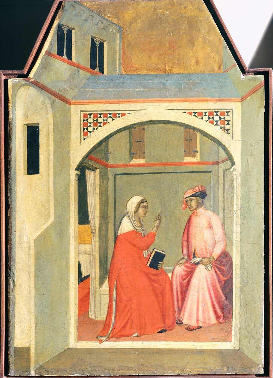 Rosana elválik férjétől, Ugolottótól, hogy szentül éljen, csempe a Boldogságos Alázat oltárképéről, Pietro Lorenzetti (kb. 1280-1348), tempera és arany fatáblán. alkotó: Pietro Lorenzetti