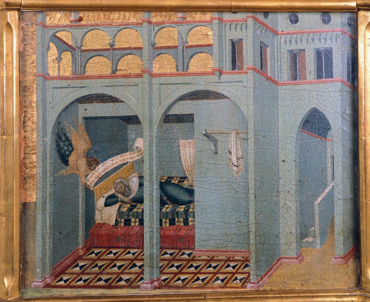 Sobac, Illés apjának álma, részlet Pietro Lorenzetti Carmine oltárképének predellájából (1280 körül-1348 körül), tempera és arany fán alkotó: Pietro Lorenzetti