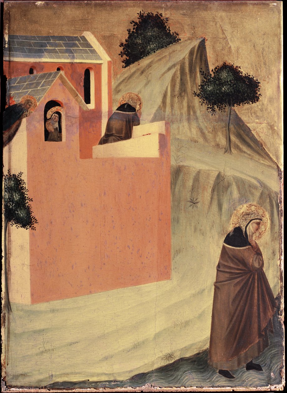 A szent elhagyja a st Perpetua kolostort, és átkel a Lamon folyón (Szent Alázat életének poliptichonja) - Detrempe fán 14. század alkotó: Pietro Lorenzetti