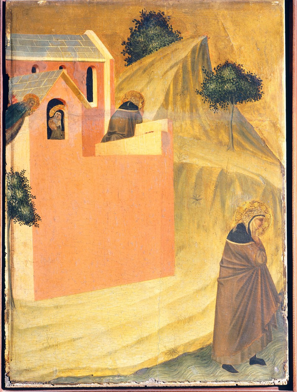 A boldog megszökik a kolostorból, és átkel a Lamone folyón, Pietro Lorenzetti (kb. 1280-1348) Áldott alázat oltárképének csempe, fatáblán tempera és arany. alkotó: Pietro Lorenzetti