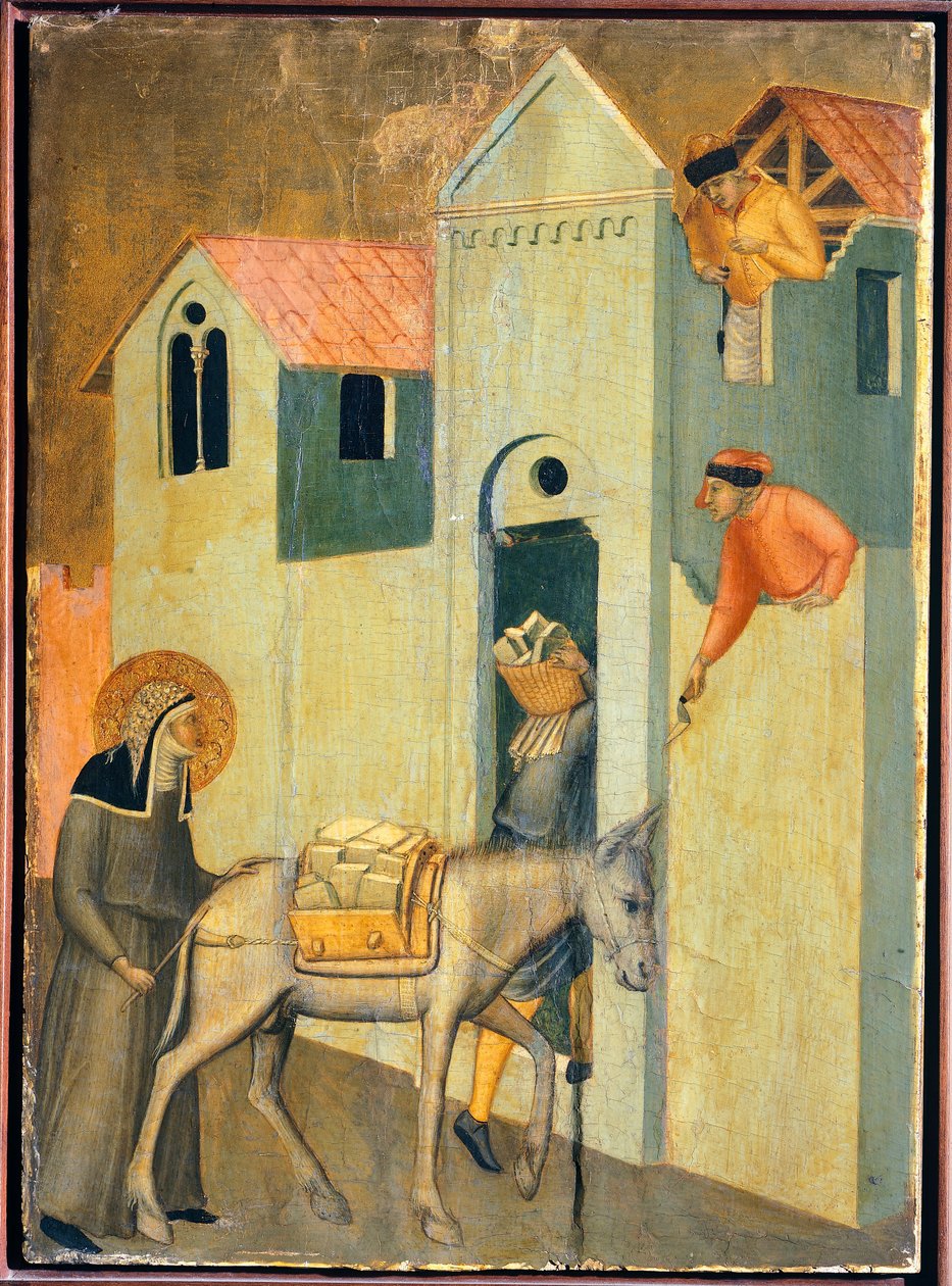 Az áldott a kolostor építéséhez szükséges anyagokat kéri, Pietro Lorenzetti (kb. 1280-1348) Áldott alázat oltárképének csempét, fatáblán temperát és aranyat. alkotó: Pietro Lorenzetti