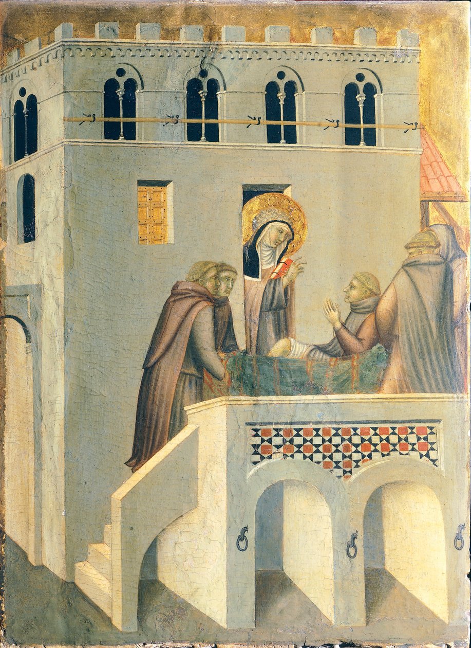 Az áldott meggyógyítja a vallombrosai apátság egyik szerzetesének lábát, csempe a Boldog alázatosság oltárképéről, Pietro Lorenzetti (1280-1348 körül), tempera és arany, fatábla. alkotó: Pietro Lorenzetti