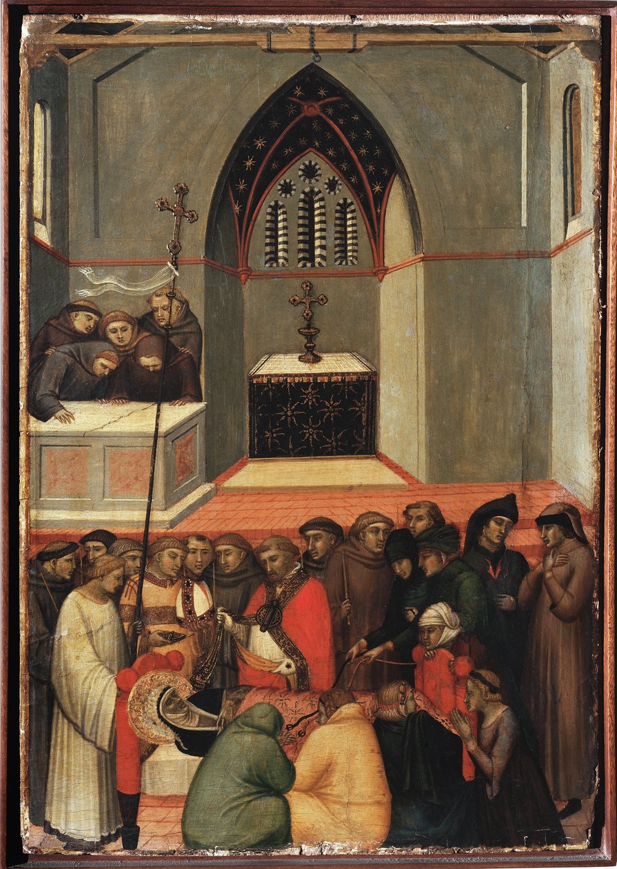 Szent Alázat exhumált teste érintetlen (Szent Alázat életének poliptichonja) - Detrempe fán 14. század alkotó: Pietro Lorenzetti