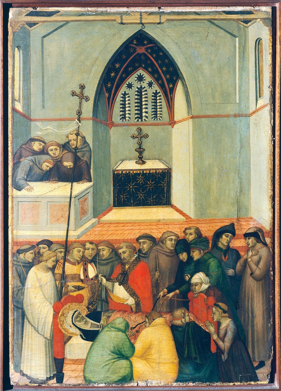 A boldogok exhumált teste épen és frissen található, Pietro Lorenzetti (kb. 1280-1348) Áldott alázat oltárképén csempe, fatáblán tempera és arany. alkotó: Pietro Lorenzetti