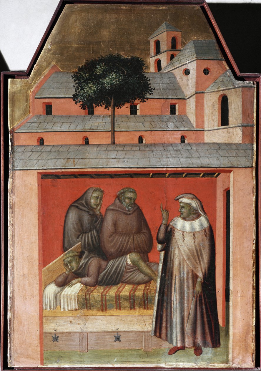 A szent téglát hoz, hogy új kolostort építsen Firenzében (részlet Szent Alázat poliptichon életéről) - Detrempe fára alkotó: Pietro Lorenzetti