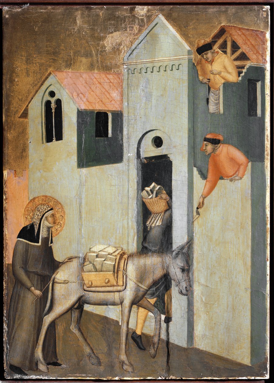 A szent téglát hoz, hogy építsen egy új kolostort Firenzében (részlet Szent Humility poliptichonos életéből) - Detrempe fára alkotó: Pietro Lorenzetti