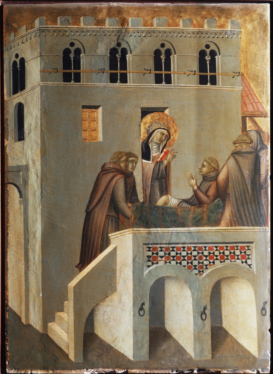 A szent meggyógyítja a szerzetes lábát (Szent Alázat életének poliptichonja) - Detrempe fán 14. század alkotó: Pietro Lorenzetti