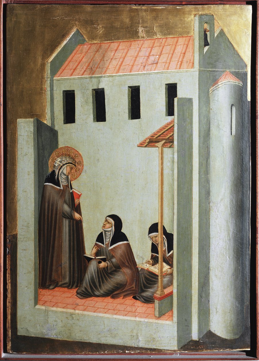 A szent diktálja prédikációit (poliptichon Szent Alázat életéről) - Detrempe fán 14. század alkotó: Pietro Lorenzetti