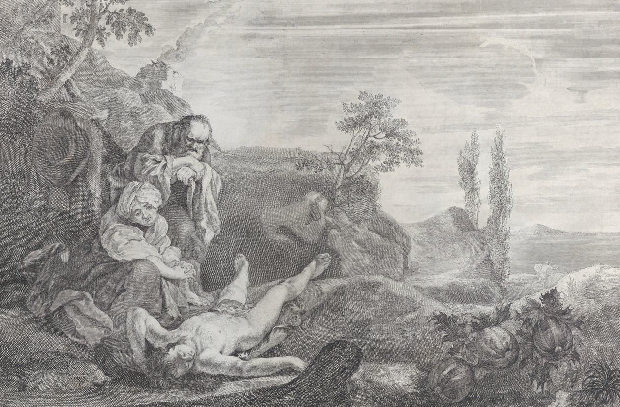 Ádám és Éva bal oldalon idős házaspárként gyászolják Ábel holttestét, aki i..., 1743-63. alkotó: Pietro Monaco