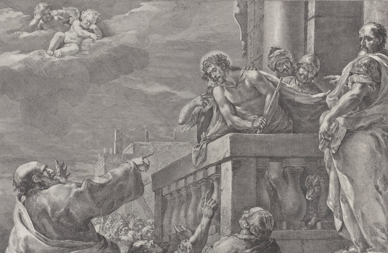 Krisztus az őrökkel körülvett erkélyen, Pilátus jobbra áll és towa..., kb. 1730-39. alkotó: Pietro Monaco