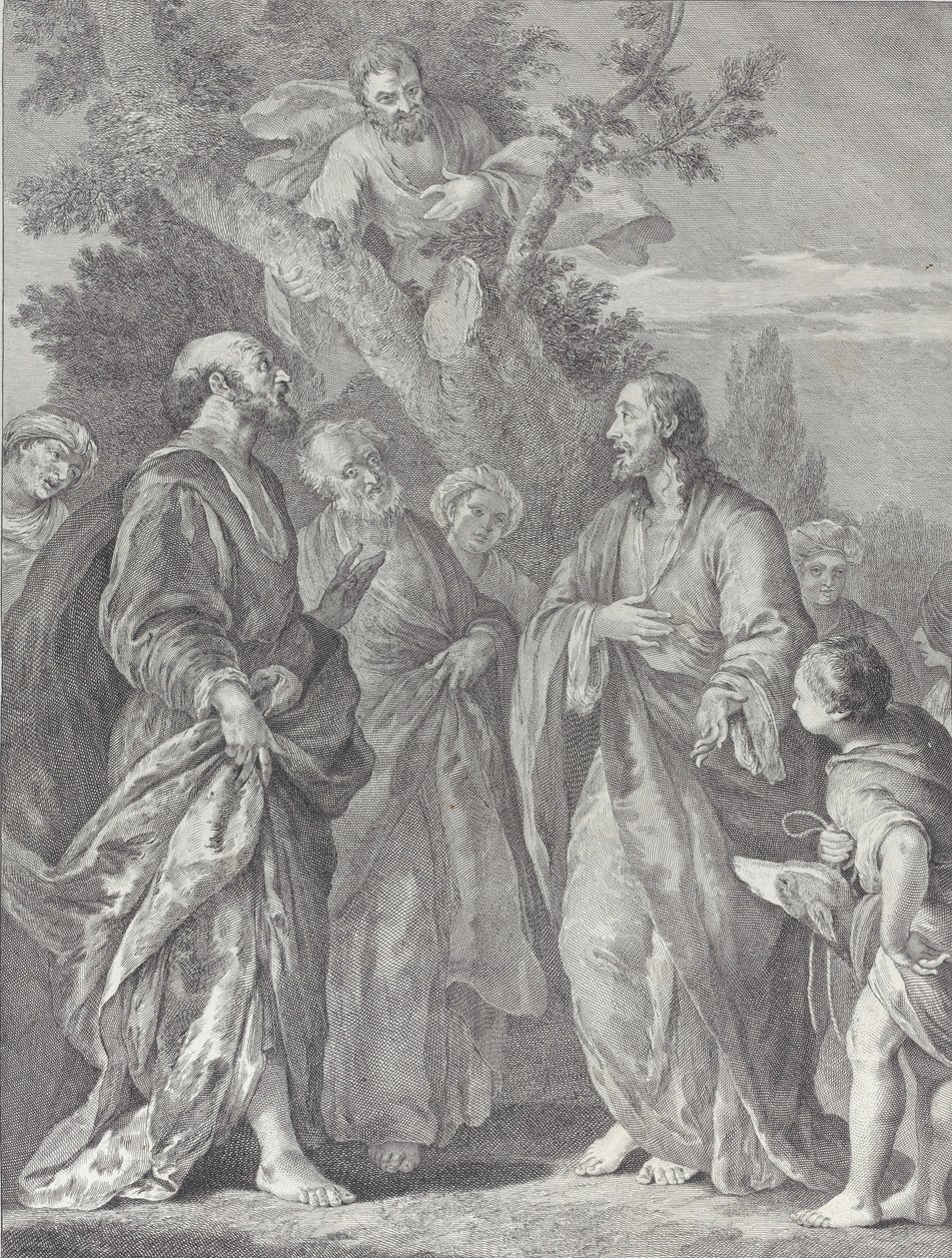 Zákeus megtérése, Krisztus jobb oldalán a vámszedőhöz fordul, aki székhelye..., 1730-39. alkotó: Pietro Monaco