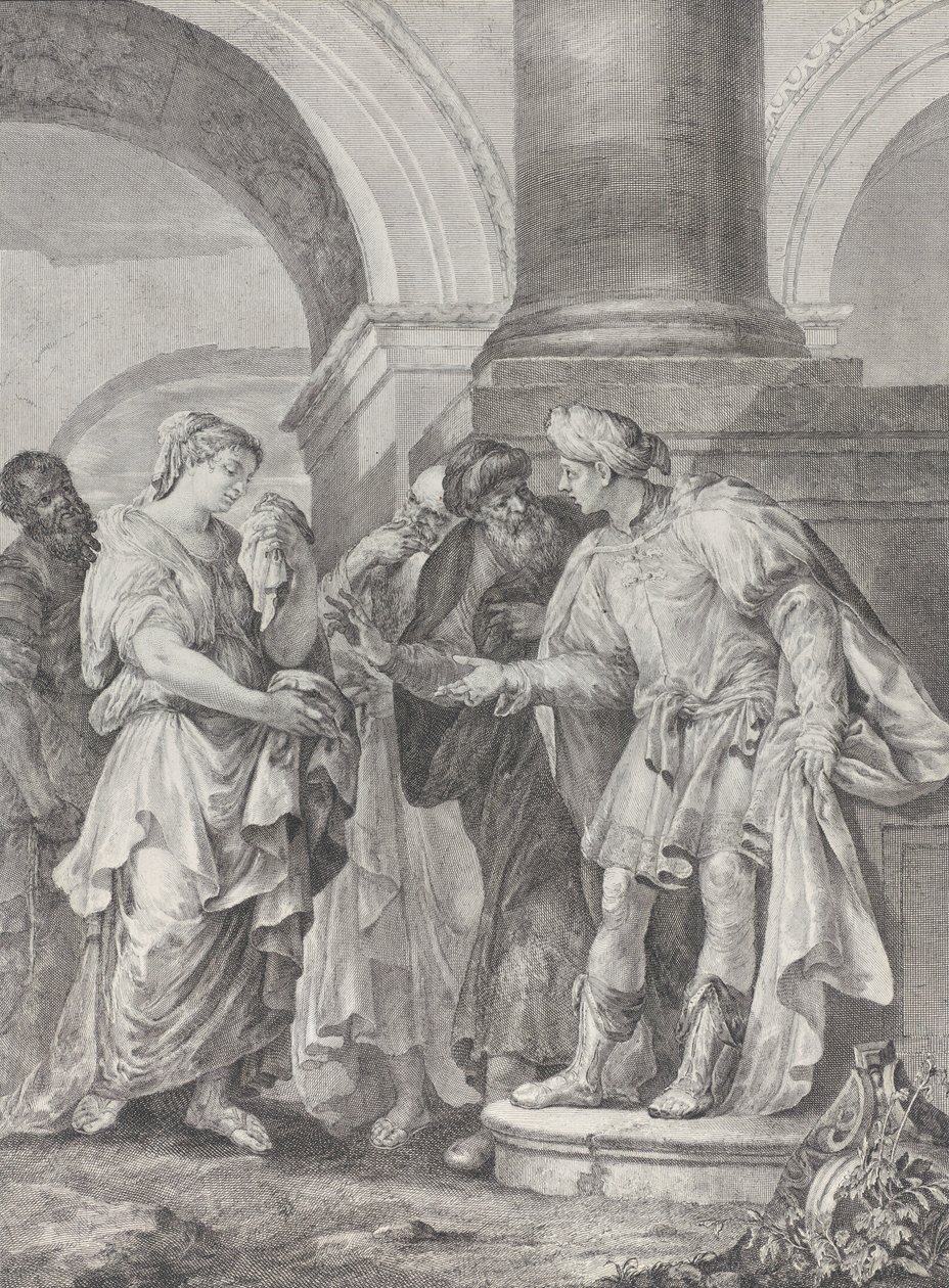 Daniel vitatkozik a vénekkel, míg Susanna balra áll, 1732-50. alkotó: Pietro Monaco