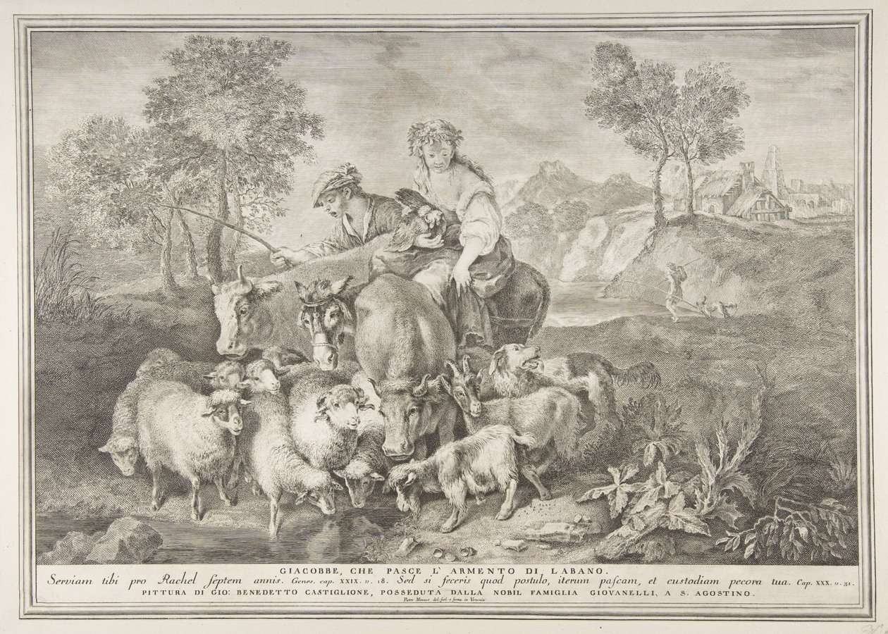 Jákób Lábán nyáját legelte Jákób, Lábán csordáját eteti, 1743-63. alkotó: Pietro Monaco